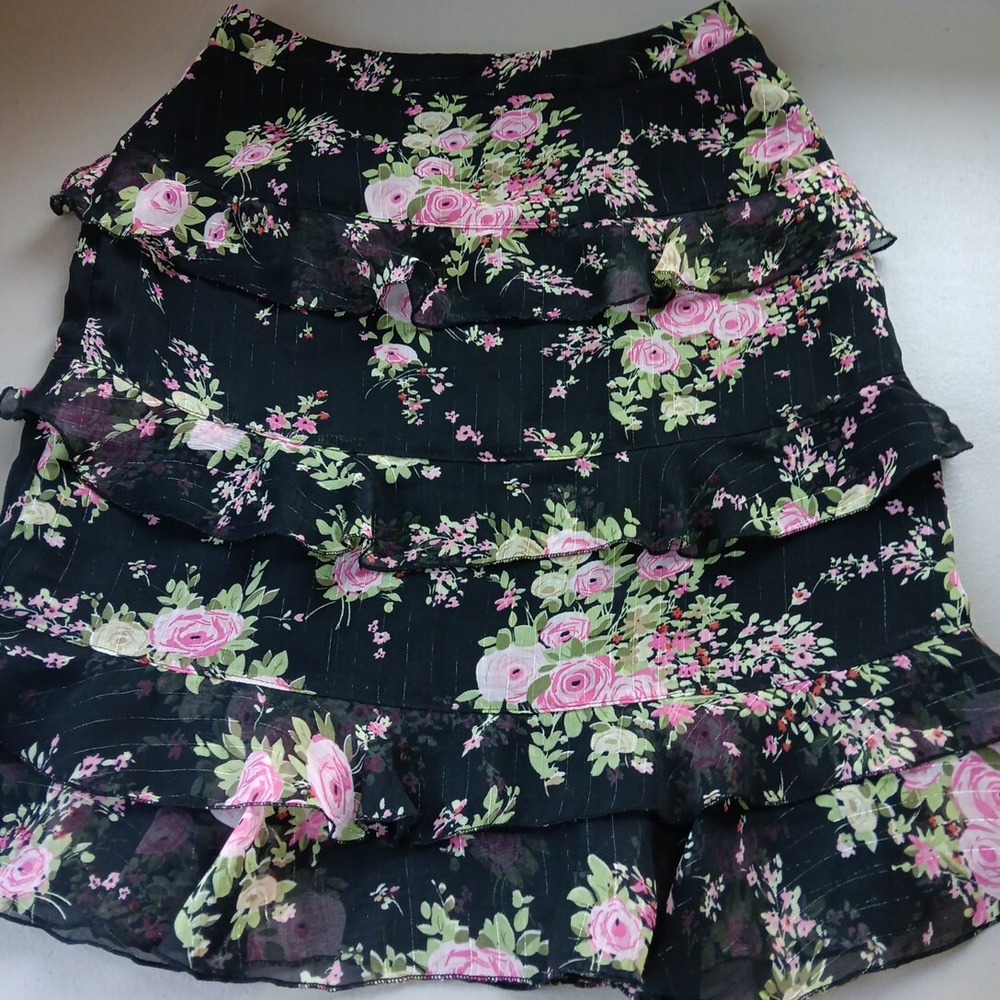 Y2K Skirt Womens Medium Black Floral Fairy Grunge Ruffles Sheer Whimsicore VTG - Picture 5 of 8